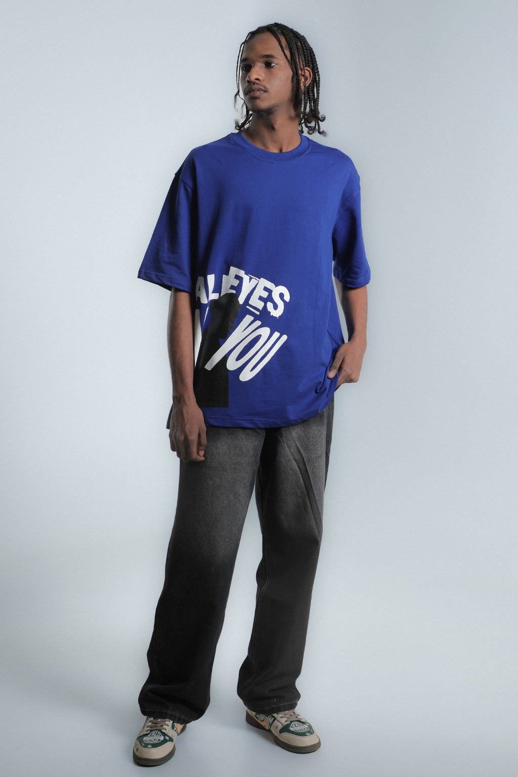 All Eyes On You – Blue Graphic Oversized T-Shirt