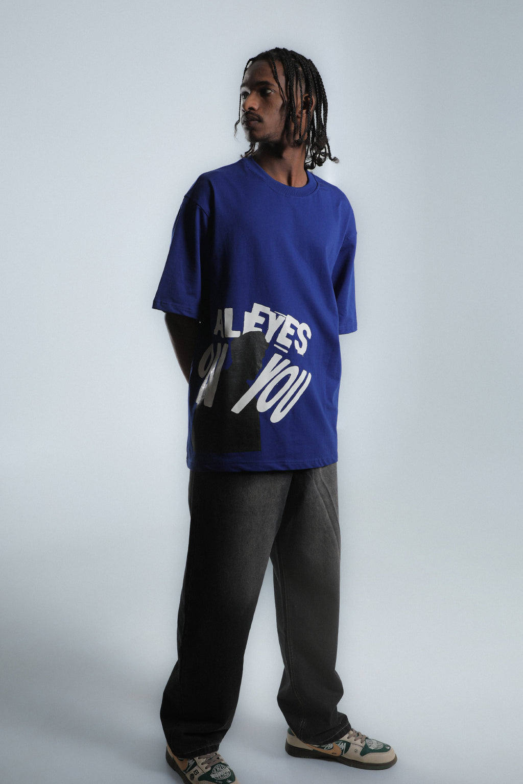 All Eyes On You – Blue Graphic Oversized T-Shirt